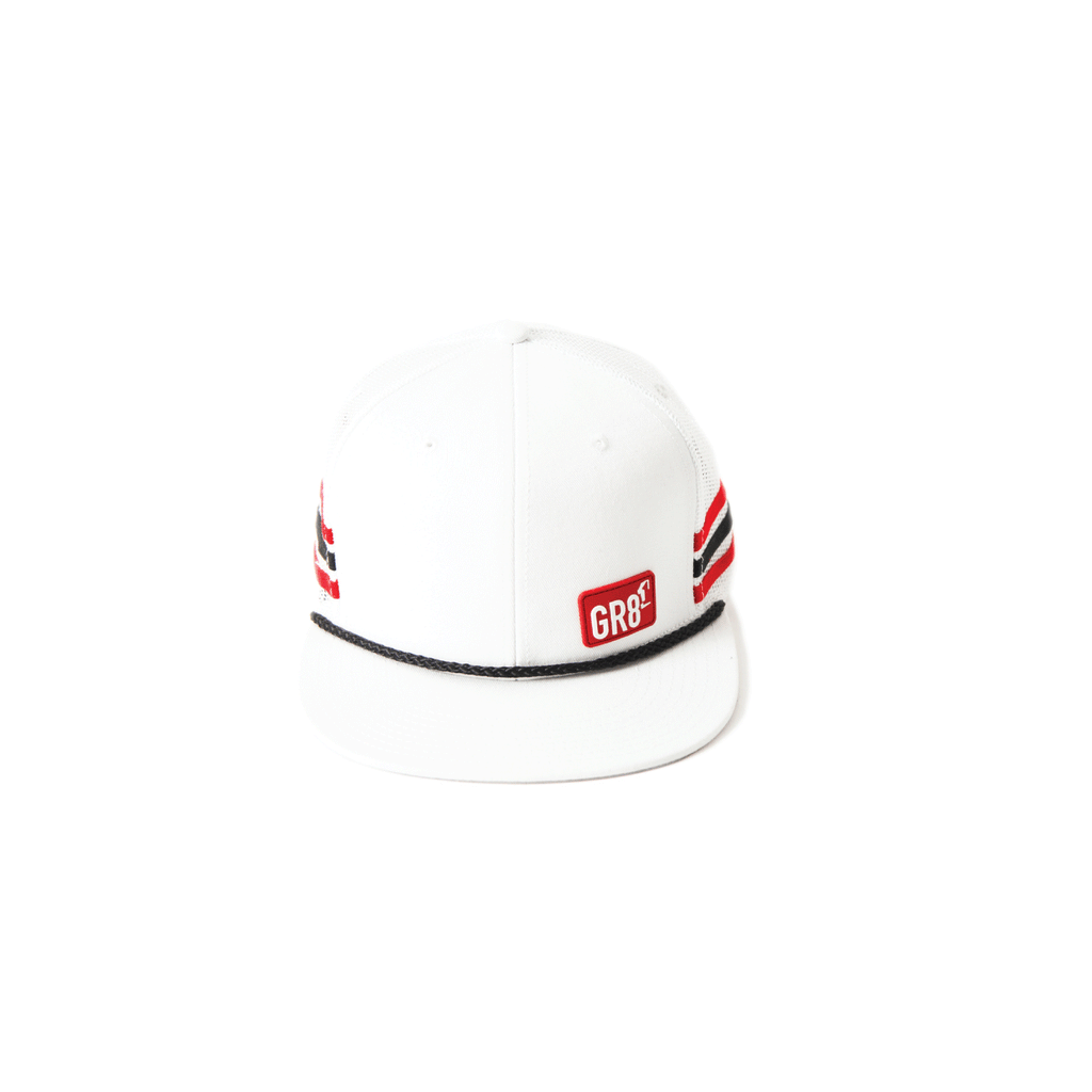 mens white mid profile mesh back with small red embossed logo visor rope cotton twill stripes