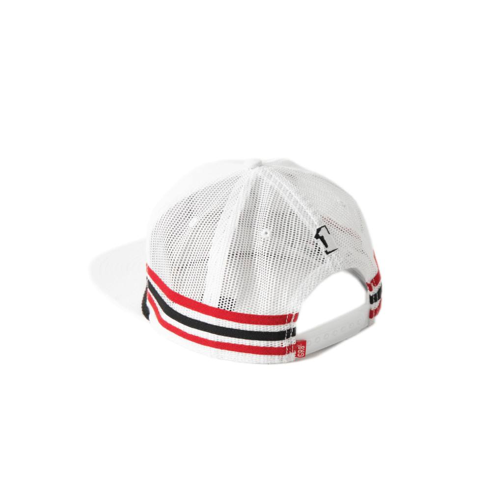 mens white low profile mesh back hat with red embossed gr8-1 logo patch visor rope and cotton twill stripes