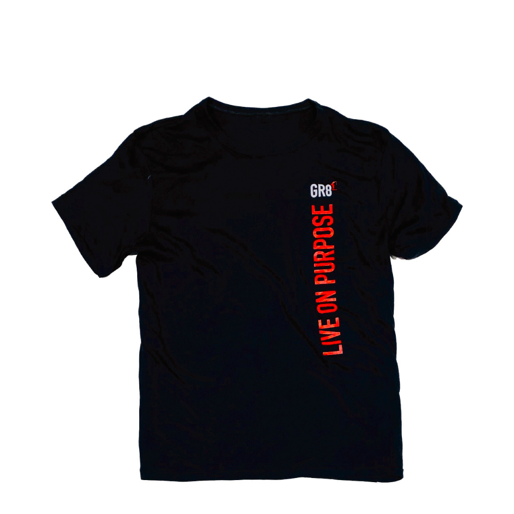 black slanted live on purpose gr8-1 logo blend short sleeve tshirt unisex