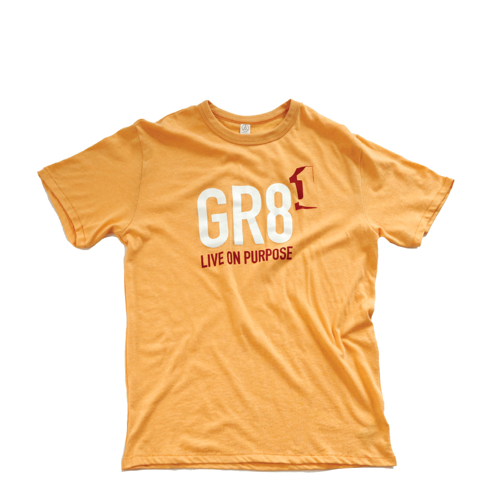 yellow live on purpose gr8-1 logo short sleeve soft blend tshirt 