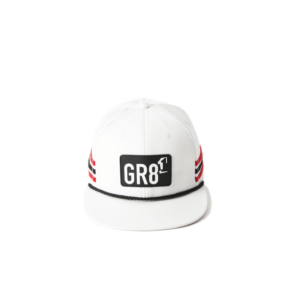 mens white low profile hat with gr8-1 logo black embossed patch, visor rope, and cotton twill stripes